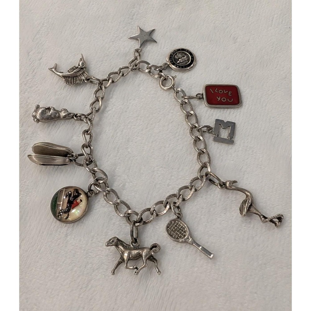 Vintage Sterling Silver Charm Bracelet Vassar Horse Tennis Flamingo 7"